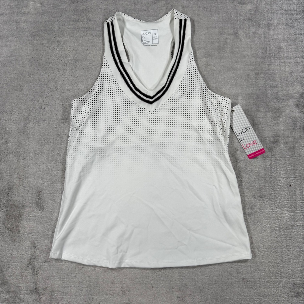 Lucky in Love Tank Women Small White Tropical Sublime V Neck Tennis Activewear